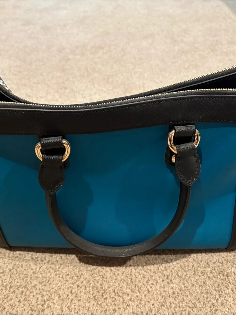 henri bendel Teal Blue and Black Leather-Trim Satchel